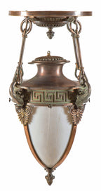 impressive all original intact early 1920's neoclassical style cast bronze logan square masonic lodge ceiling pendant with white opalescent bent glass shade