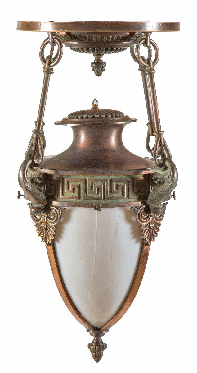 impressive all original intact early 1920's neoclassical style cast bronze logan square masonic lodge ceiling pendant with white opalescent bent glass shade