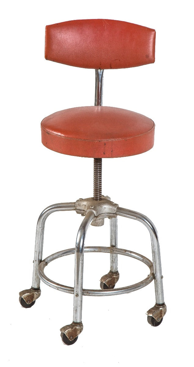 all original and intact c. 1940's vintage american bent tubular steel adjustable height royal metal exam stool
