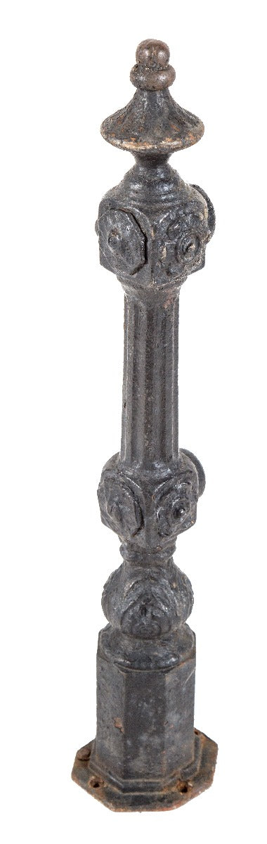 single antique american salvaged chicago victorian-era black enameled cast iron newel post accentuated with floral rosettes