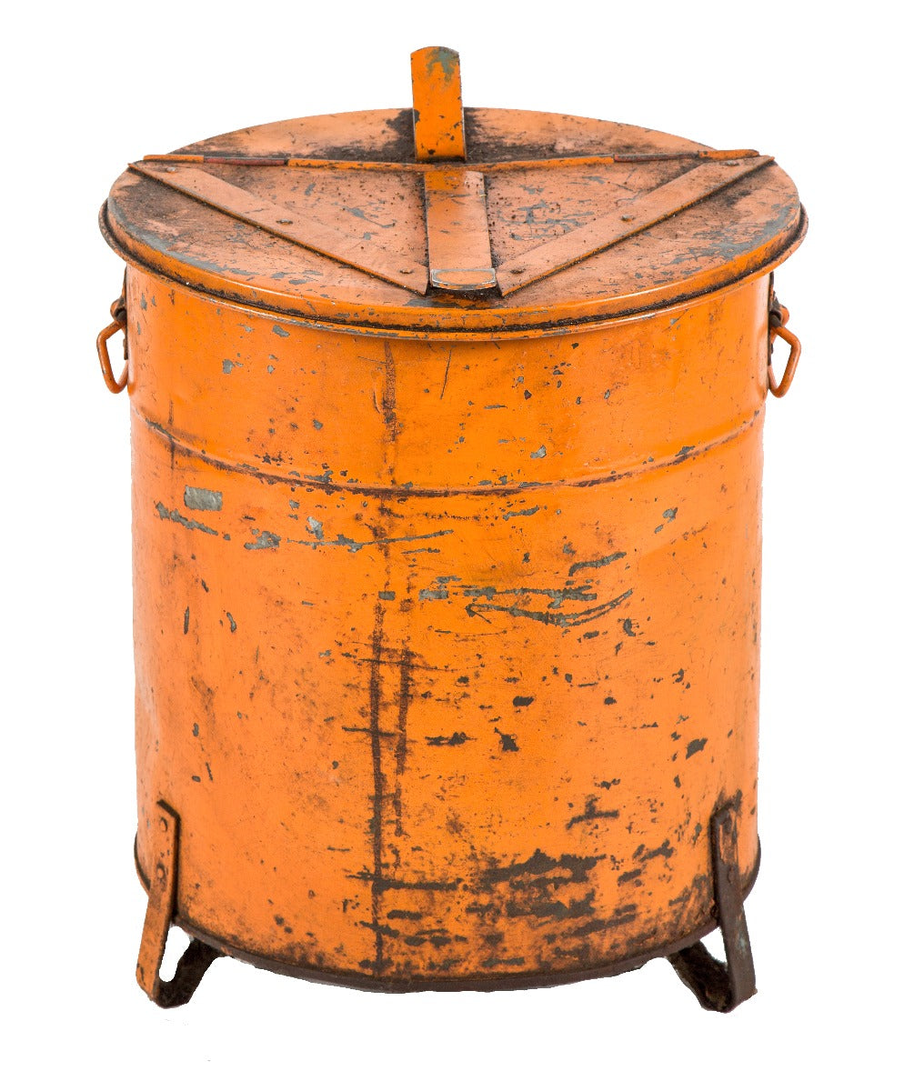 unusual oversized c. 1950s heavy duty weathered and worn orange enameled "oily rag" factory machine shop waste can