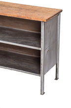 completely refinished vintage american industrial long and narrow brushed metal side table or console