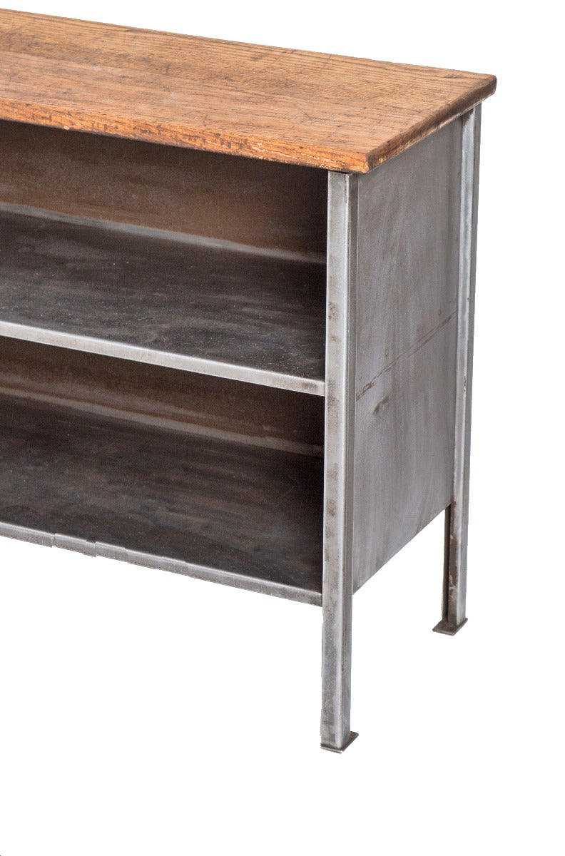 completely refinished vintage american industrial long and narrow brushed metal side table or console