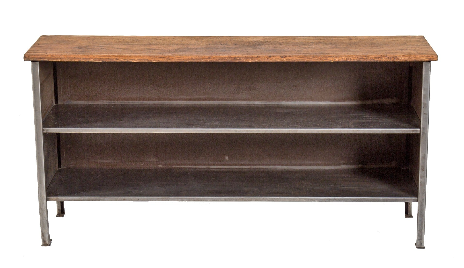 completely refinished vintage american industrial long and narrow brushed metal side table or console