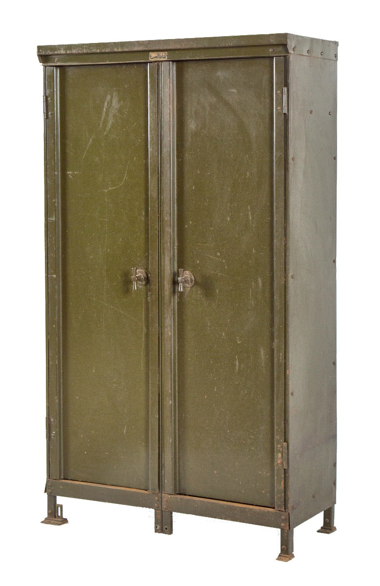 completely intact 1920s salvaged chicago church double-door steel freestanding storage cabinet with original olive green enameled finish