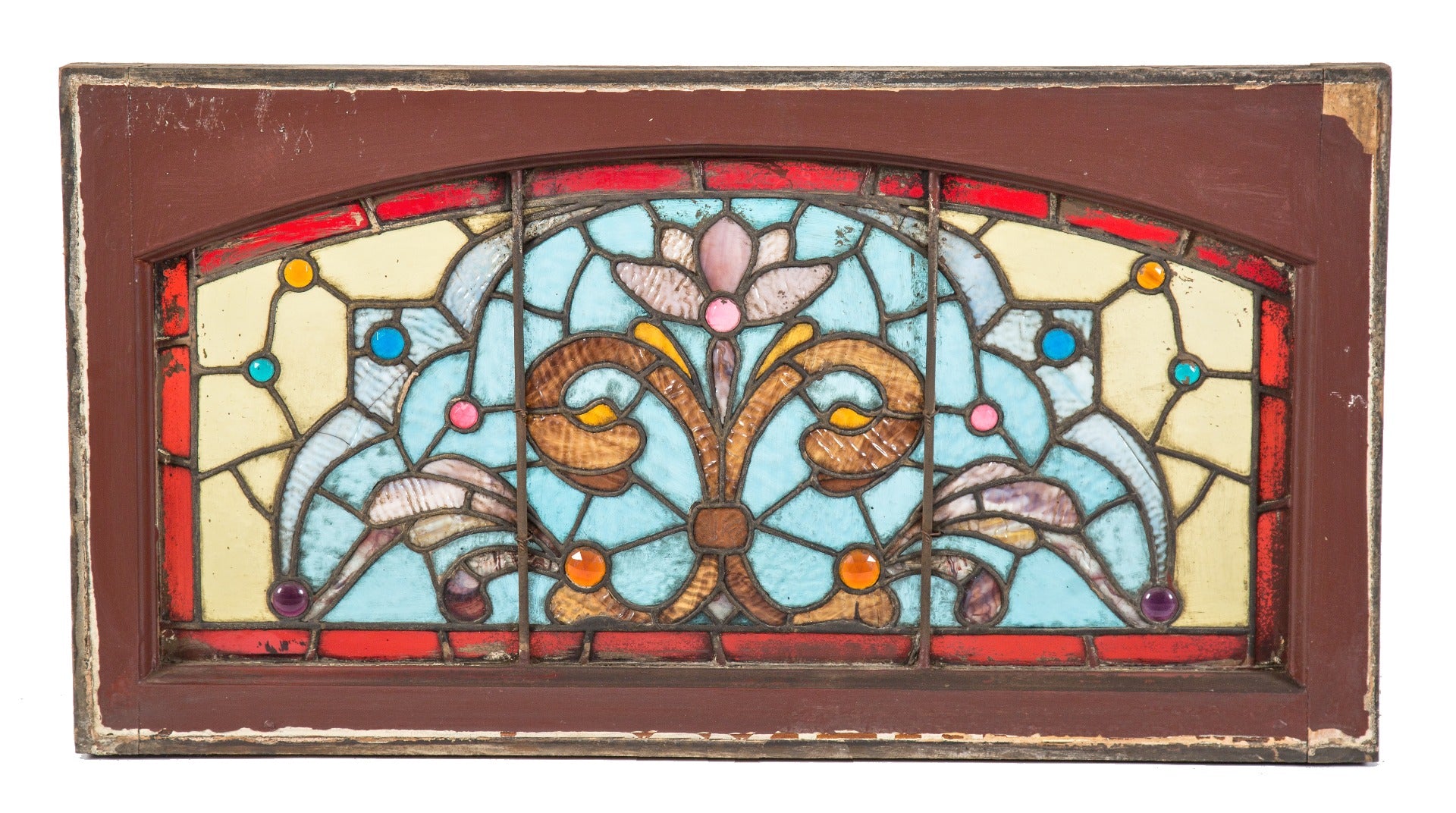 1880's salvaged chicago intact interior residential richly colored stained glass window bedecked with jewels