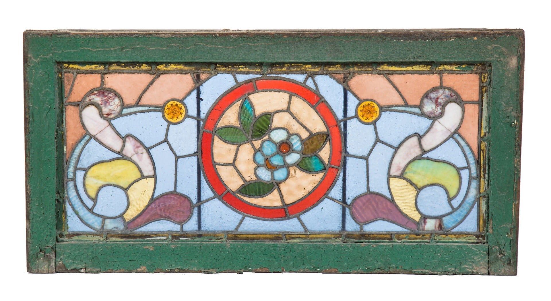 original 1880's salvaged chicago interior residential richly colored variegated stained glass transom window