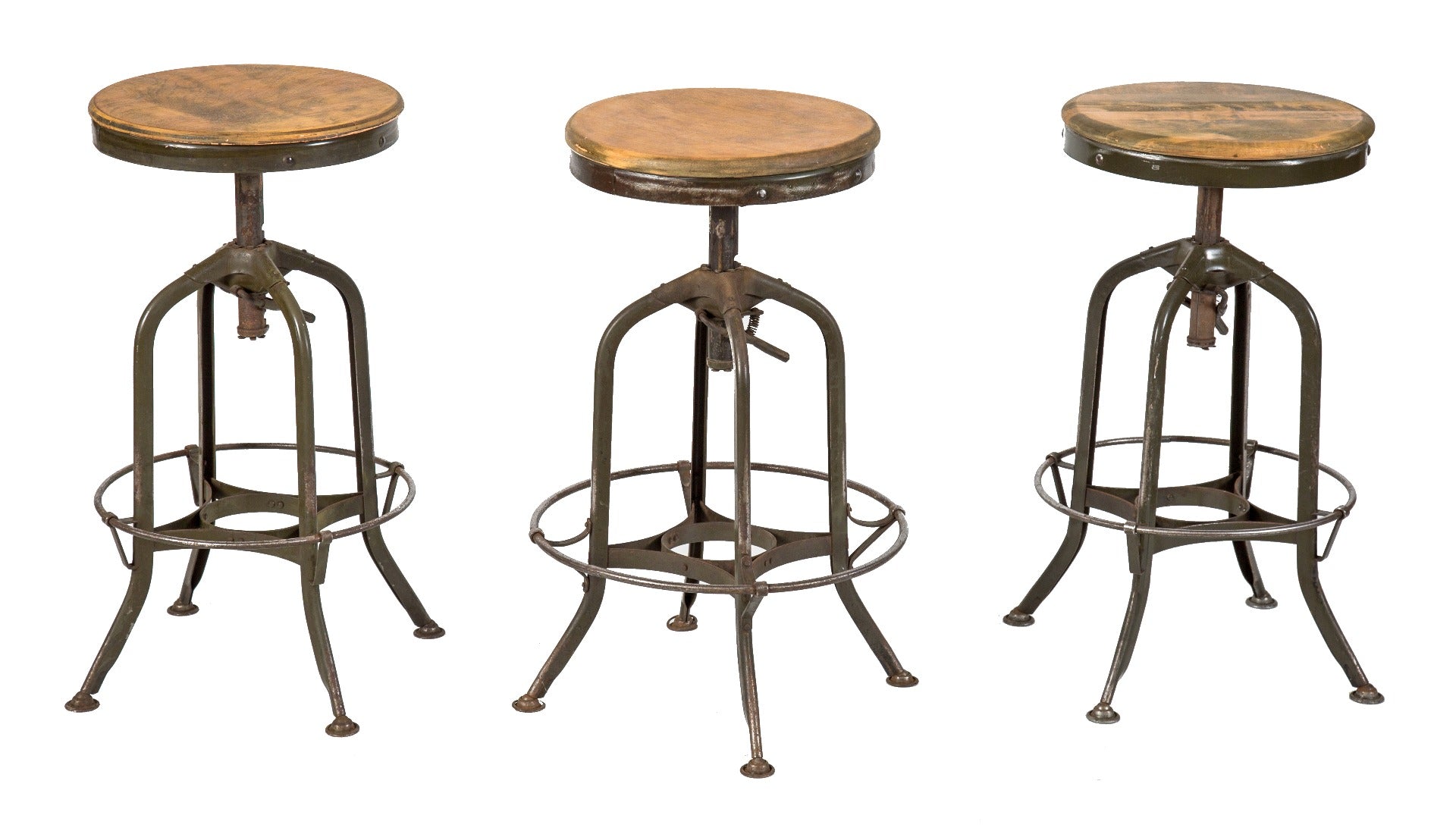 one of three fully adjustable "uhl art steel" four-legged toledo stools with reinforced steel footrest