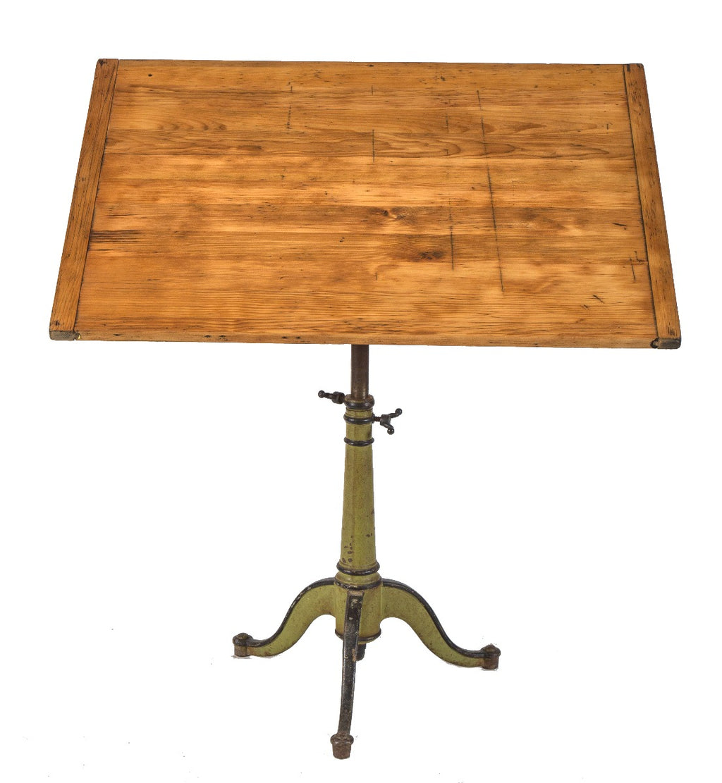 exceptional late 19th century fully adjustable salvaged chicago three-legged cast iron drafting table with spacious wood drawing board