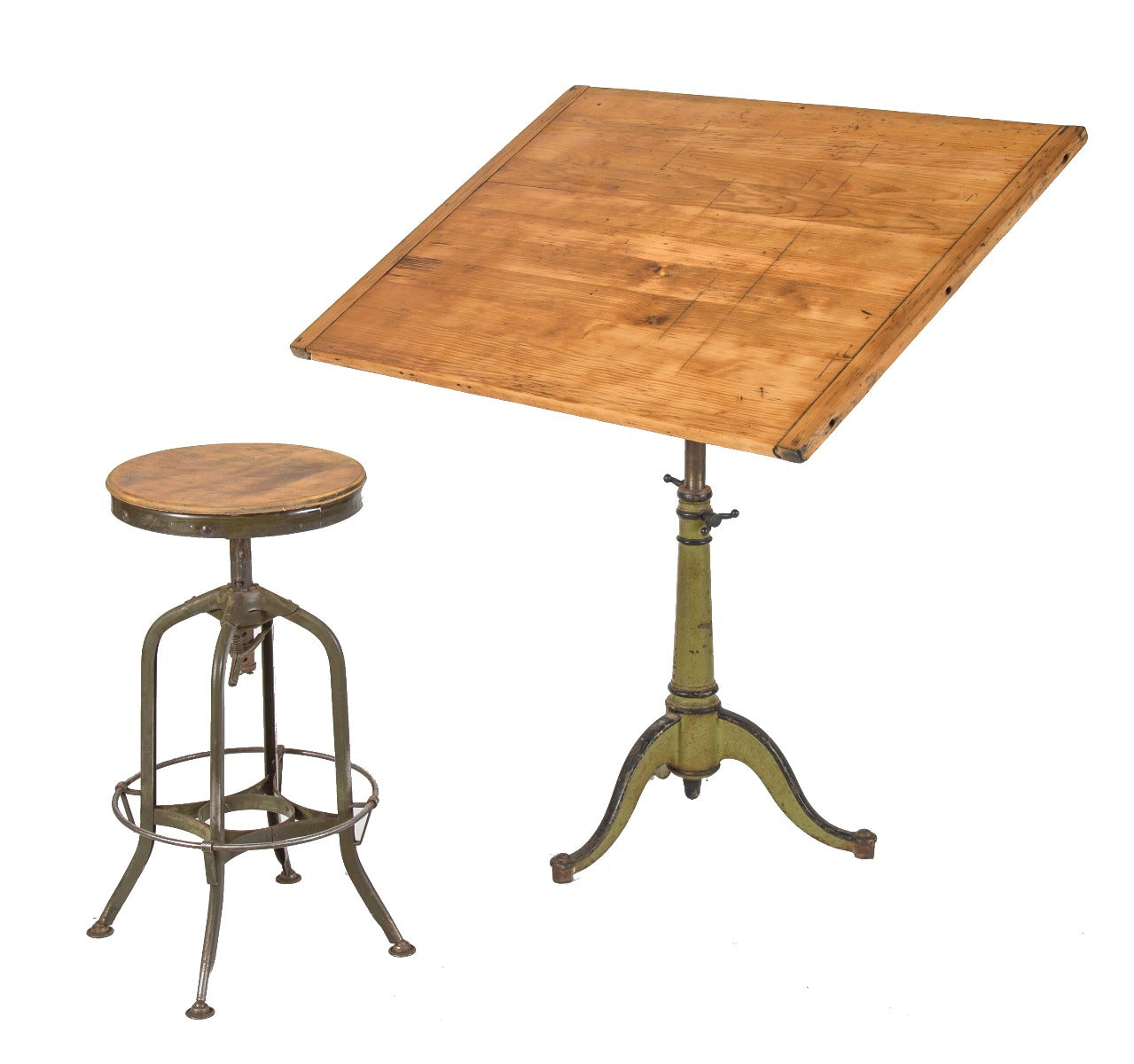 exceptional late 19th century fully adjustable salvaged chicago three-legged cast iron drafting table with spacious wood drawing board