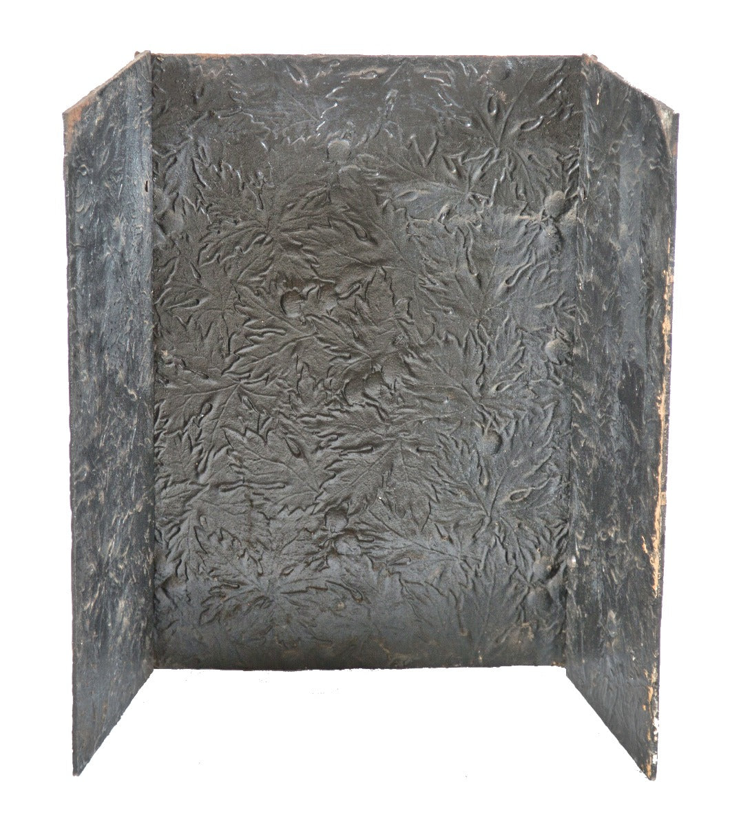 hard to find three-sided ornamental cast iron interior residential fireplace fireback with intricate leafage