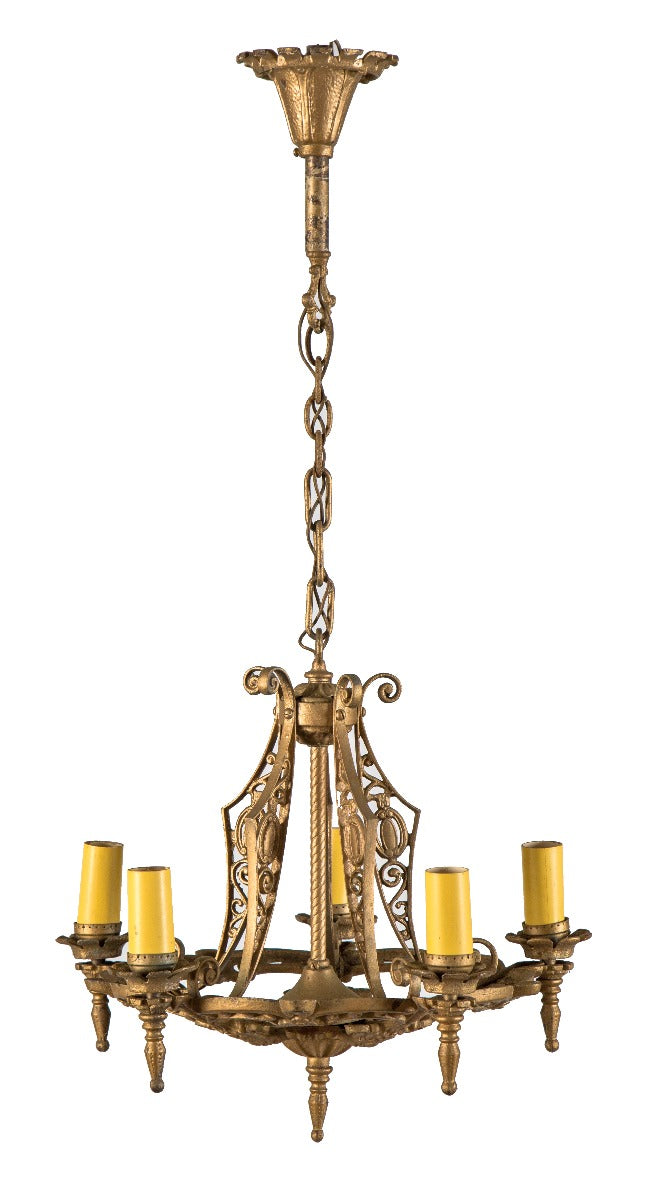 original salvaged chicago five-light ornamental cast iron hanging ceiling fixture with chain and matching canopy