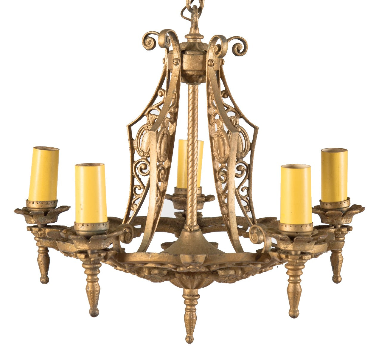 original salvaged chicago five-light ornamental cast iron hanging ceiling fixture with chain and matching canopy