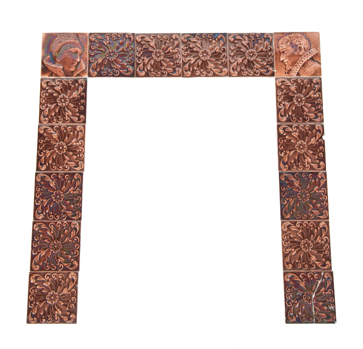 late 19th century american victorian era majolica-glazed salvaged chicago fireplace tile surround with two figures