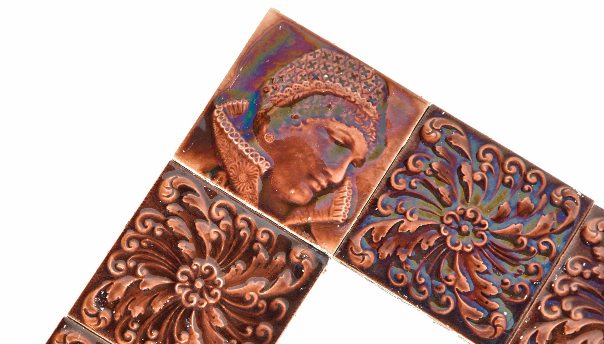 late 19th century american victorian era majolica-glazed salvaged chicago fireplace tile surround with two figures