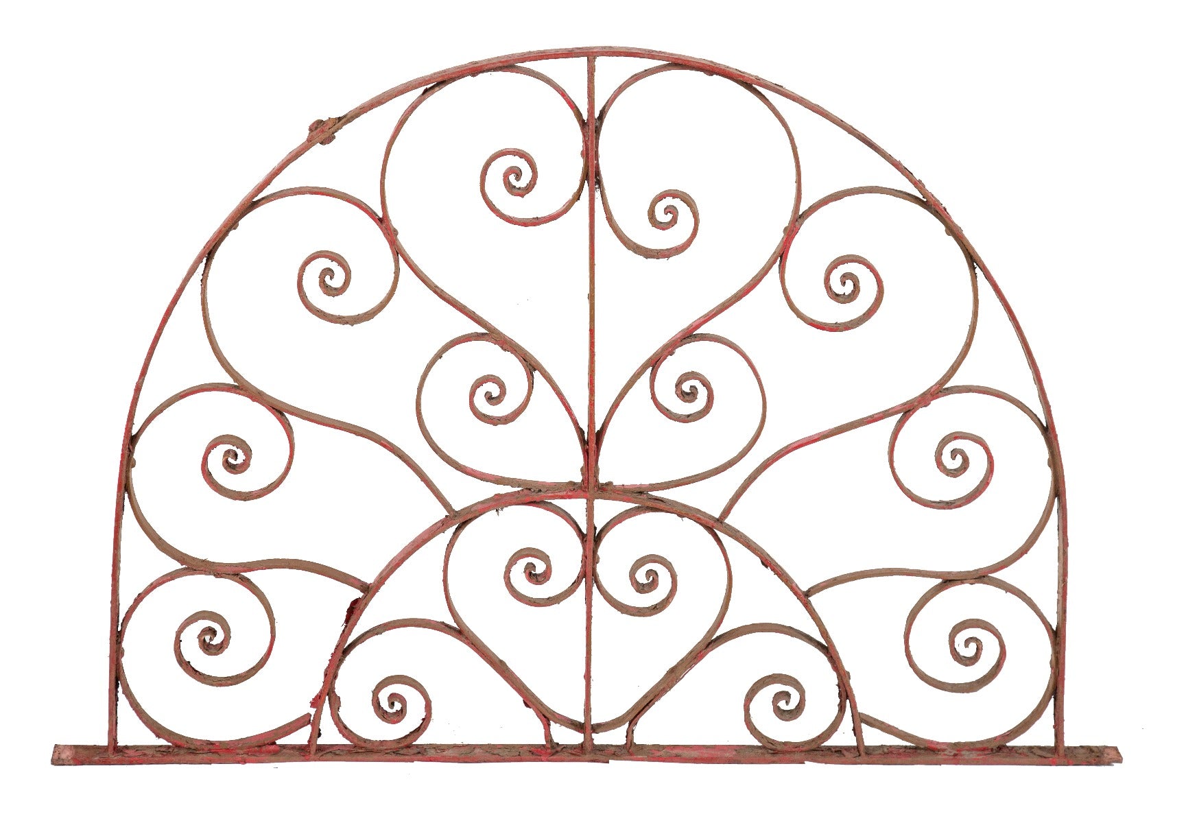 19th century all original ornamental riveted joint wrought iron arch top residential window guard with scrollwork