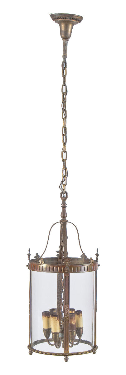 single all original oversized hanging six-light interior convent pendant light with intact clear glass cylindrical-shaped shade