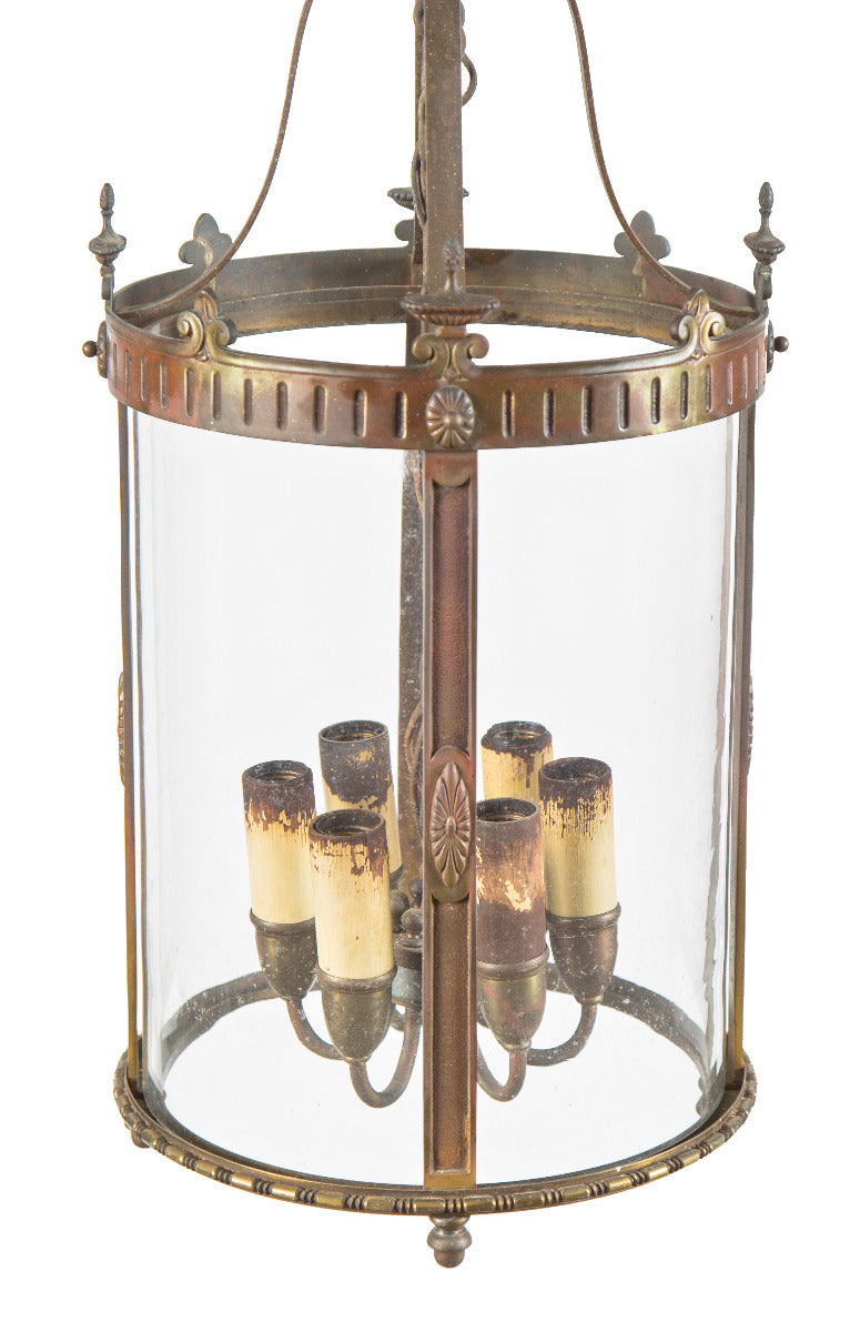 single all original oversized hanging six-light interior convent pendant light with intact clear glass cylindrical-shaped shade