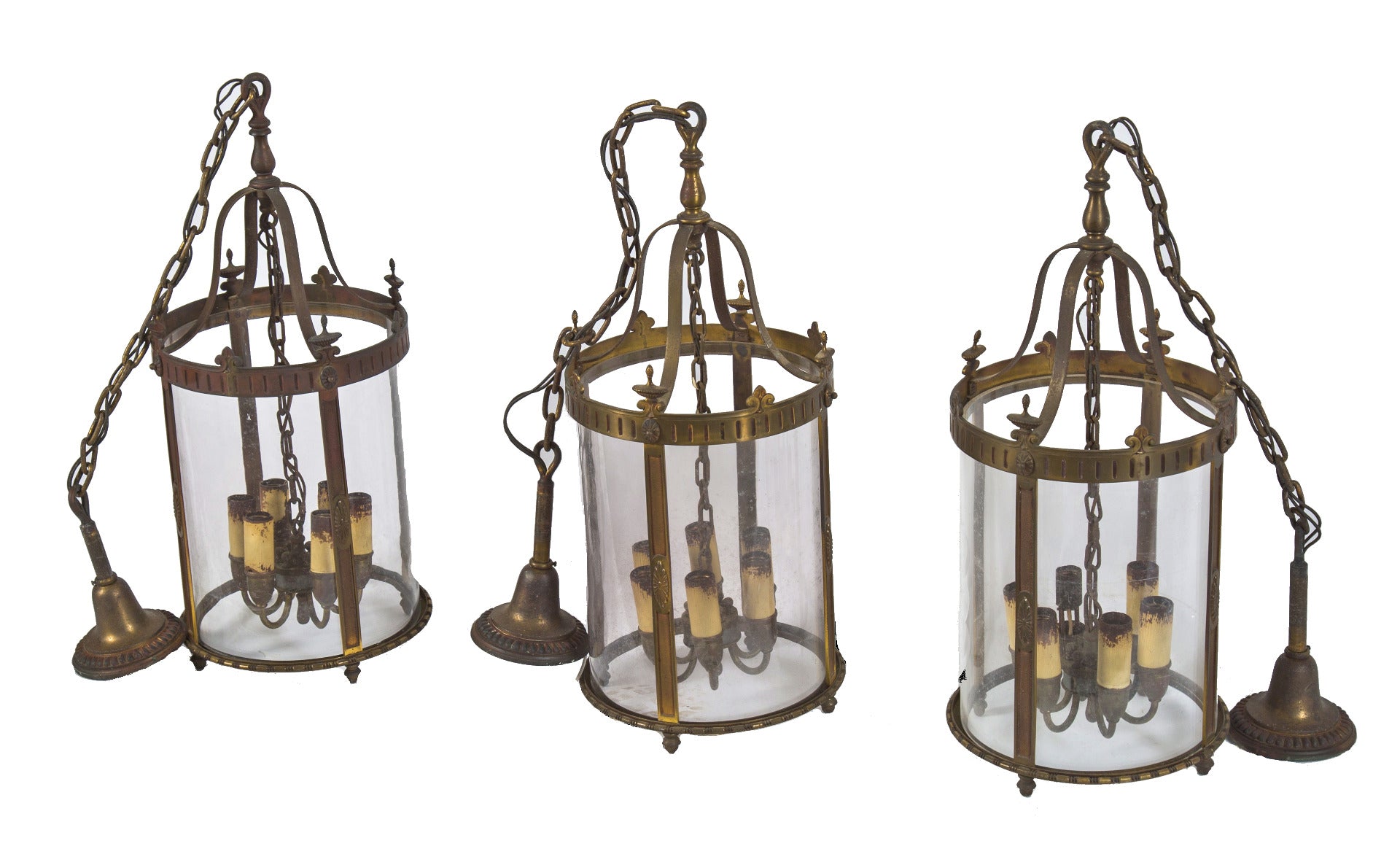 single all original oversized hanging six-light interior convent pendant light with intact clear glass cylindrical-shaped shade
