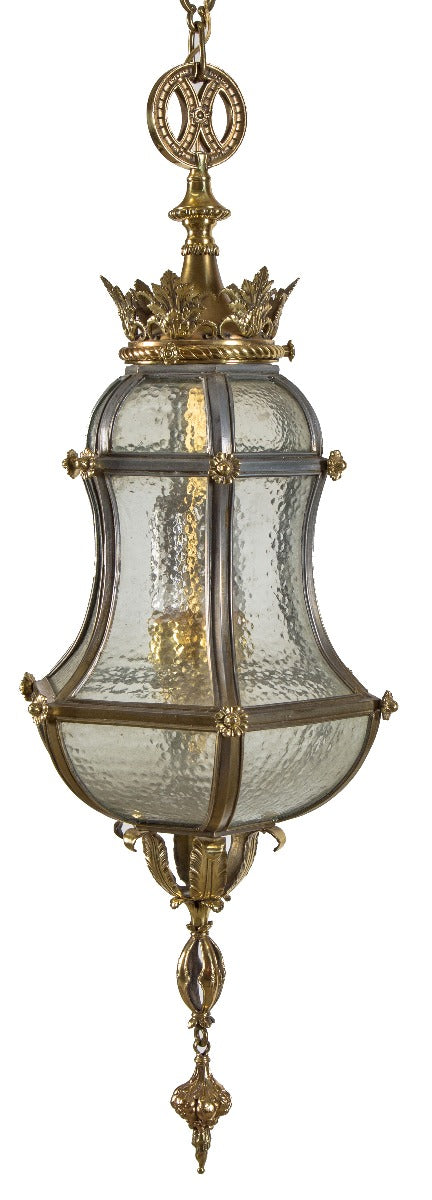 seldom found original depression-era oversized northshore chicago mansion bent glass pendant light with elaborate finial