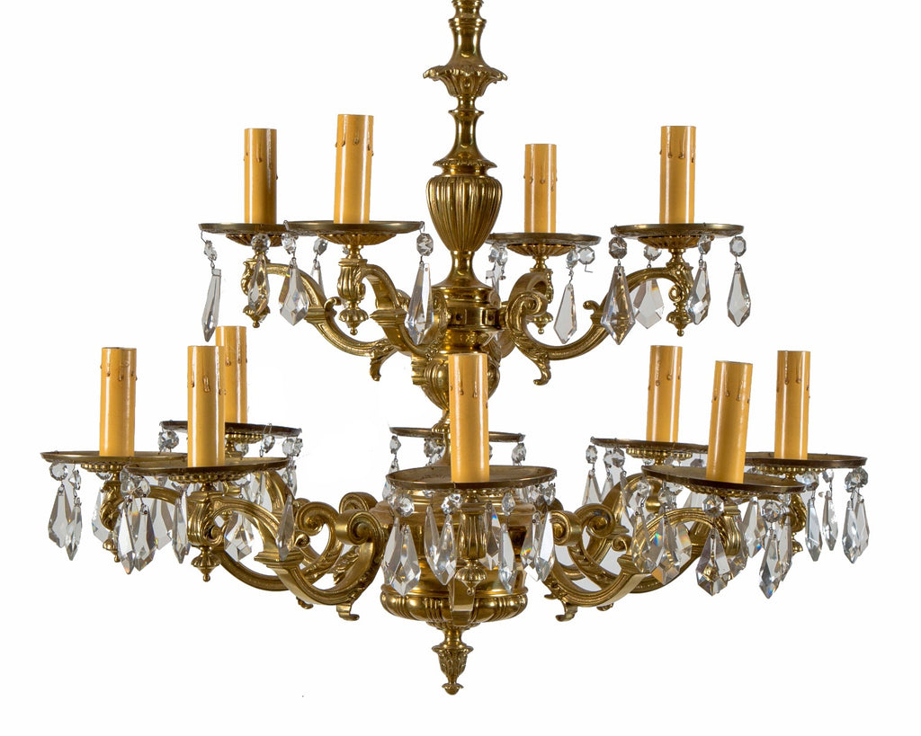 exceptional completely refinished heavy cast brass 12-arm chicago northshore depression-era mansion ceiling fixture
