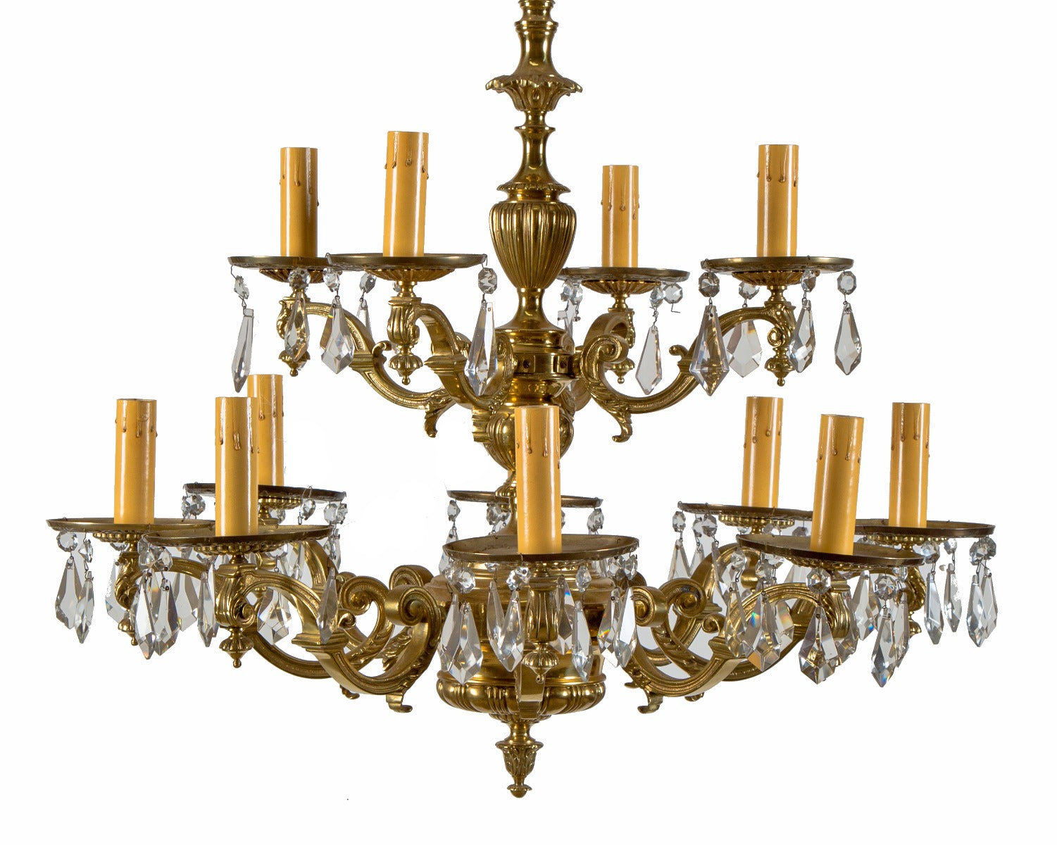 exceptional completely refinished heavy cast brass 12-arm chicago northshore depression-era mansion ceiling fixture