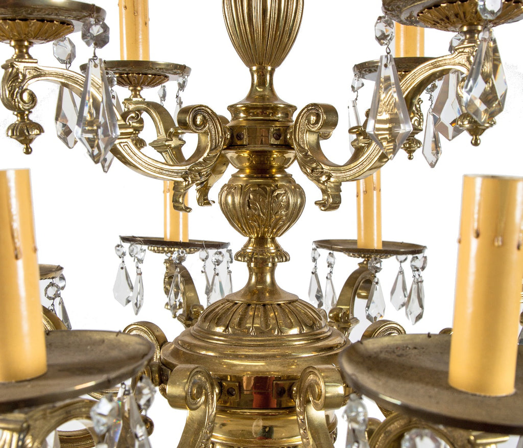 exceptional completely refinished heavy cast brass 12-arm chicago northshore depression-era mansion ceiling fixture