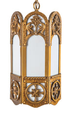 all original c. 1930's interior salvaged chicago church light with intact white glass inset panels and gold enameled finish