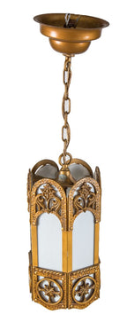 all original c. 1930's interior salvaged chicago church light with intact white glass inset panels and gold enameled finish