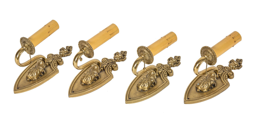 four completely refurbished american depression-era salvaged chicago ornamental cast brass single light wall sconces