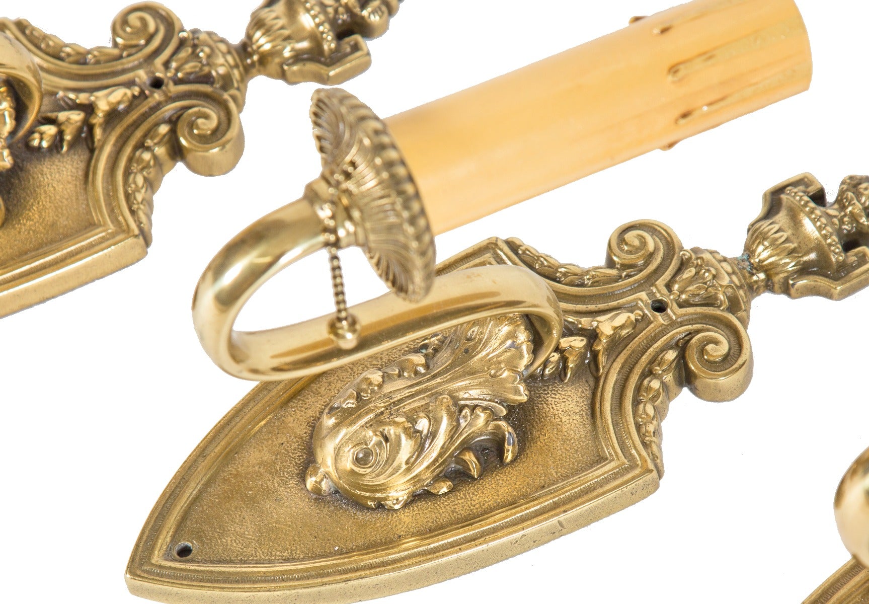 four completely refurbished american depression-era salvaged chicago ornamental cast brass single light wall sconces