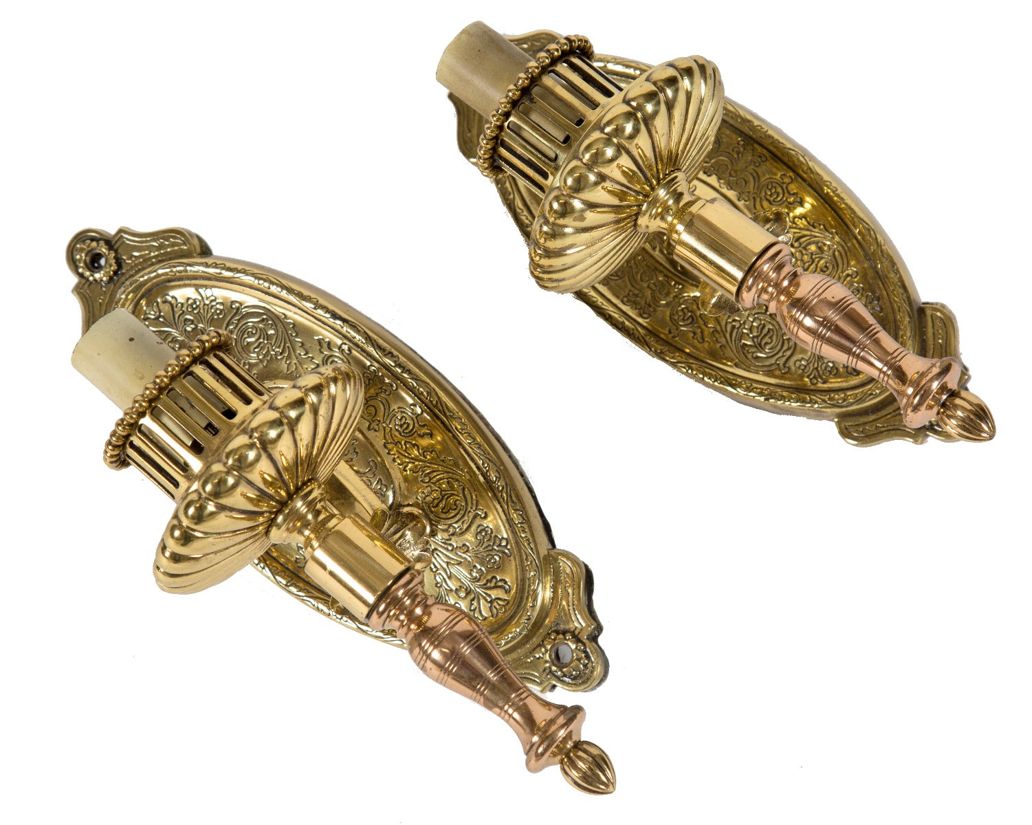 matching set of original depression-era renaissance revival polished brass and bronze residential wall sconces