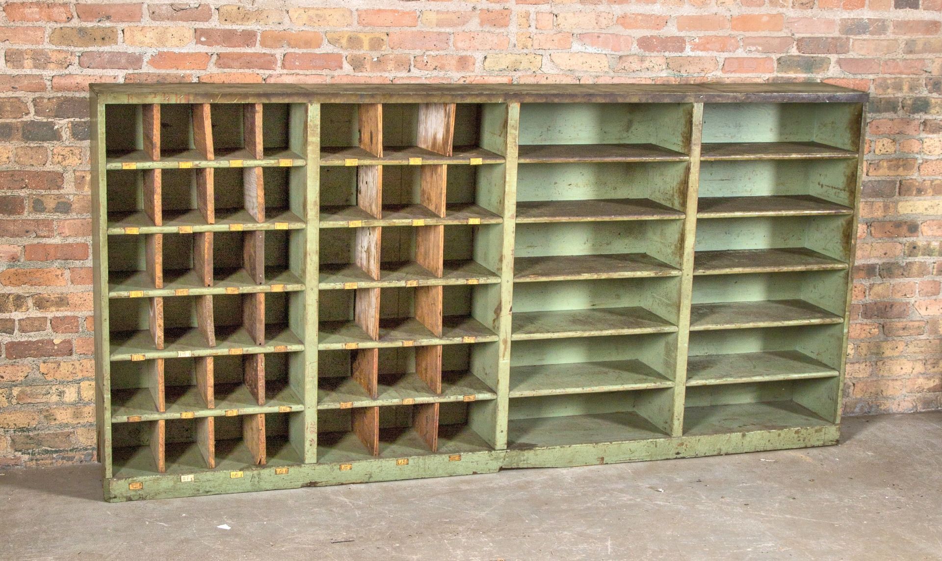 massive salvaged chicago vintage american industrial locomotive roundhouse maintenance parts cabinet with weathered and worn paint finish