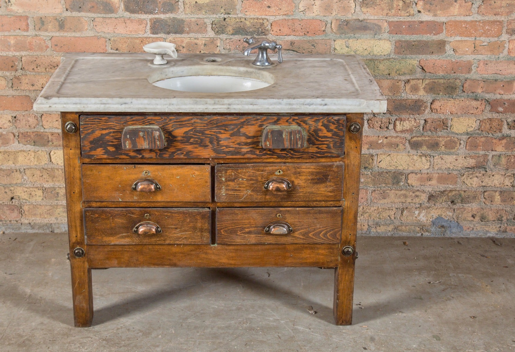 rebuilt vintage american repurposed freestanding four-legged workbench with 19th century l. wolff marble sink