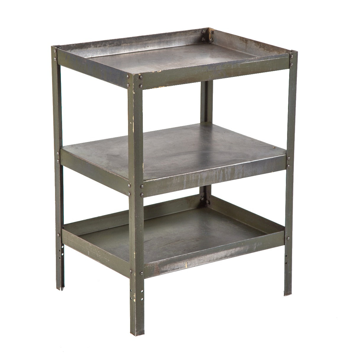 vintage american industrial three-tier angled steel stationary factory machine shop table or stand with shelves