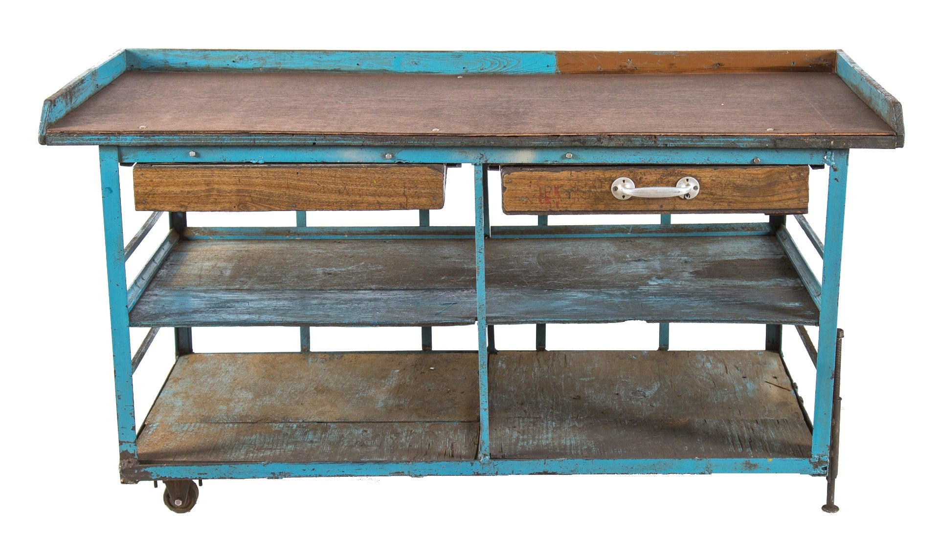 unusual custom-built original all-welded joint angled steel factory machine shop workbench with drawers, rail guard and undershelves