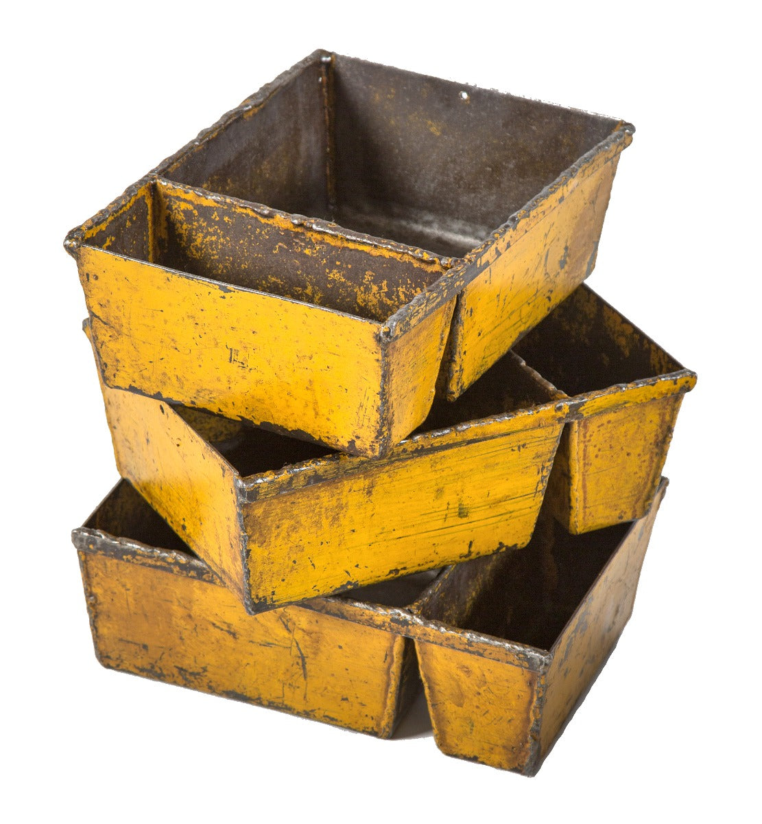 TWO matching heavily reinforced custom-built solid steel compartmentalized factory bins with weathered yellow finish