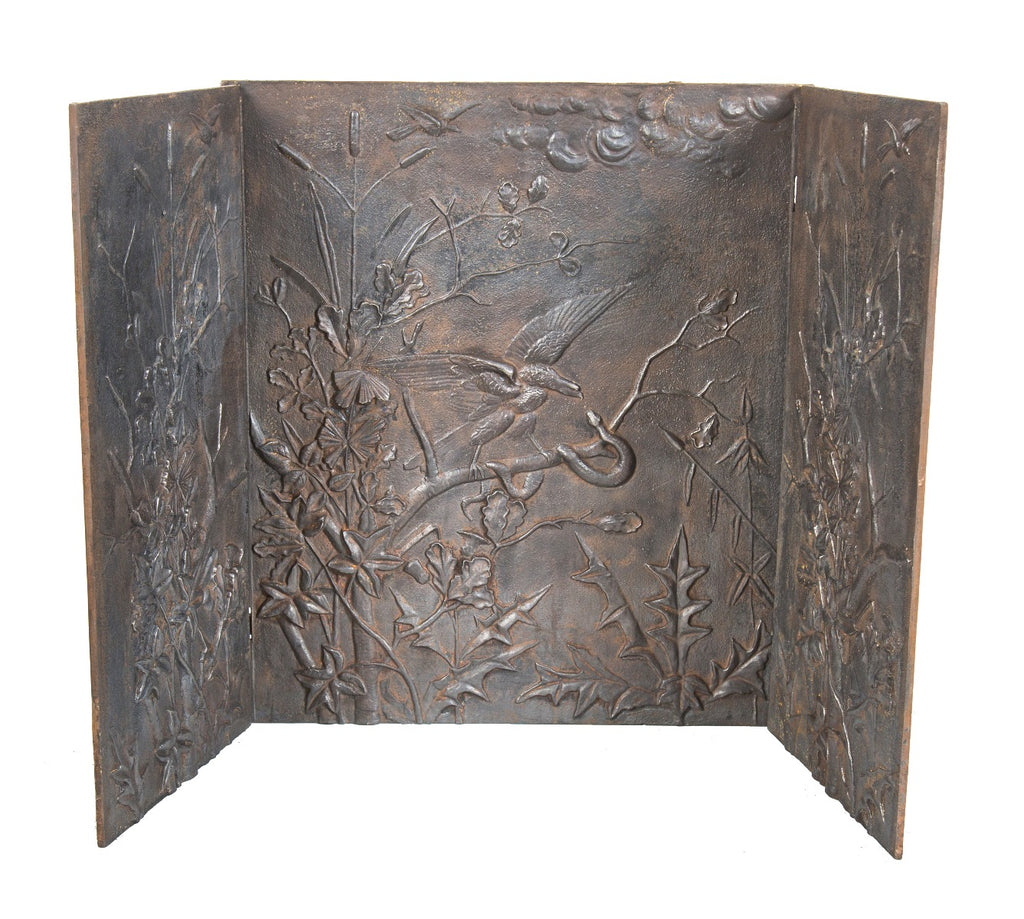 rare original three-sided c. 1880's salvaged chicago interior residential ornamental cast iron figural fireplace fireback