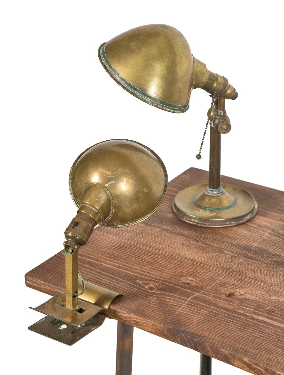 set of original early 20th century nicely aged brass bradley and hubbard clamp-on and table lamps with parabolic shades