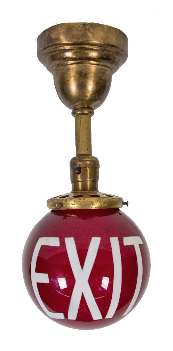 hard to find early 20th century american commercial building exit light with oversized glass globe and bold white lettering