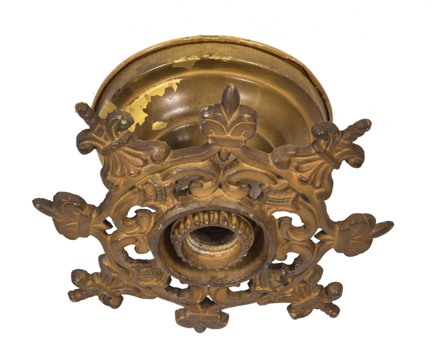 all original c. 1920's antique american ornamental cast iron single-light residential flush mount light with matching canopy