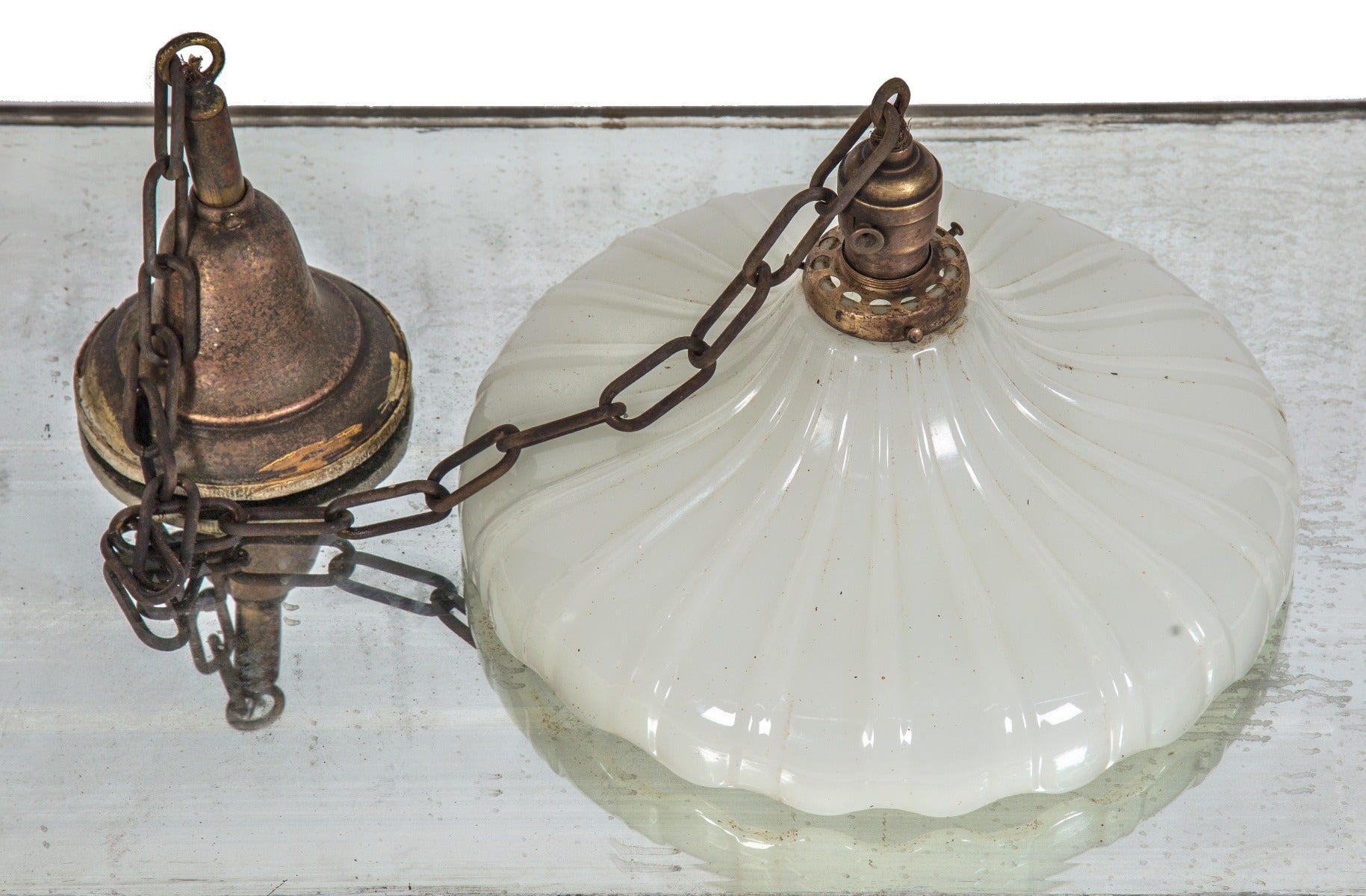 salvaged chicago single-light factory office pendant with ornamental pressed white glass shade