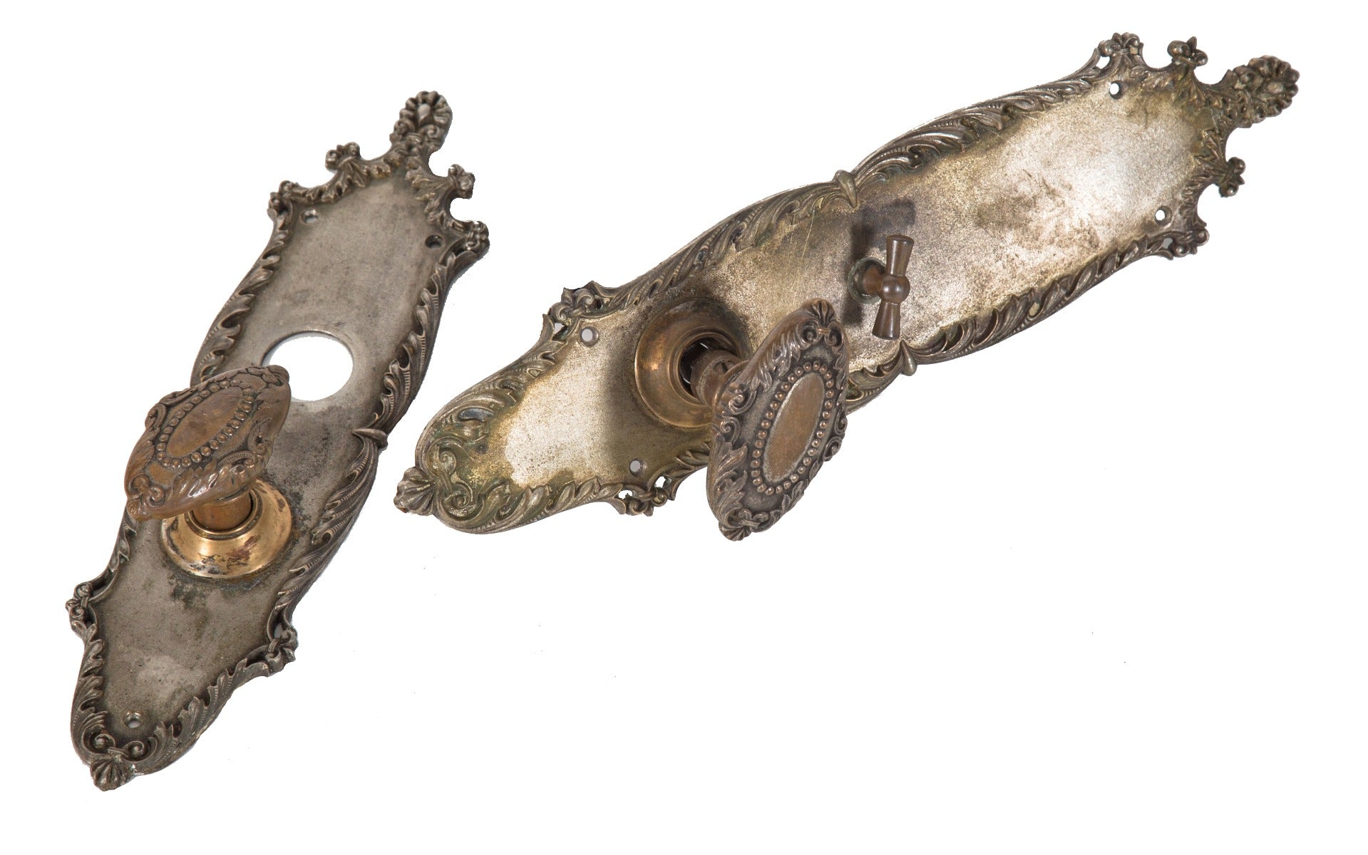 late 19th century original salvaged chicago "campania" pattern silver-plated cast bronze salvaged chicago entrance door hardware