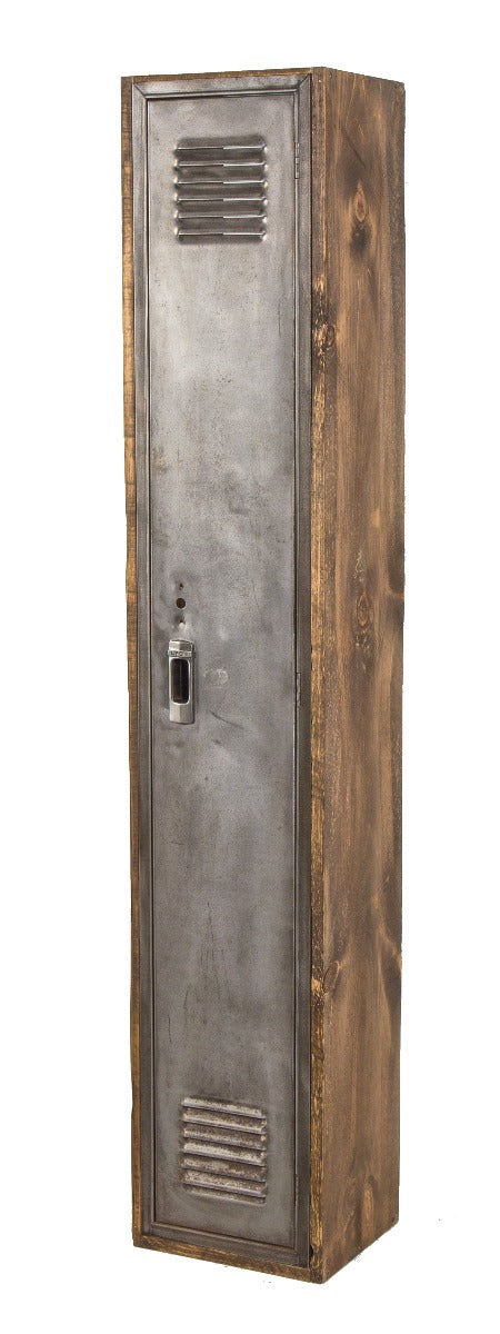repurposed vintage american industrial custom-built locker with brushed steel hinged door and louvered vents