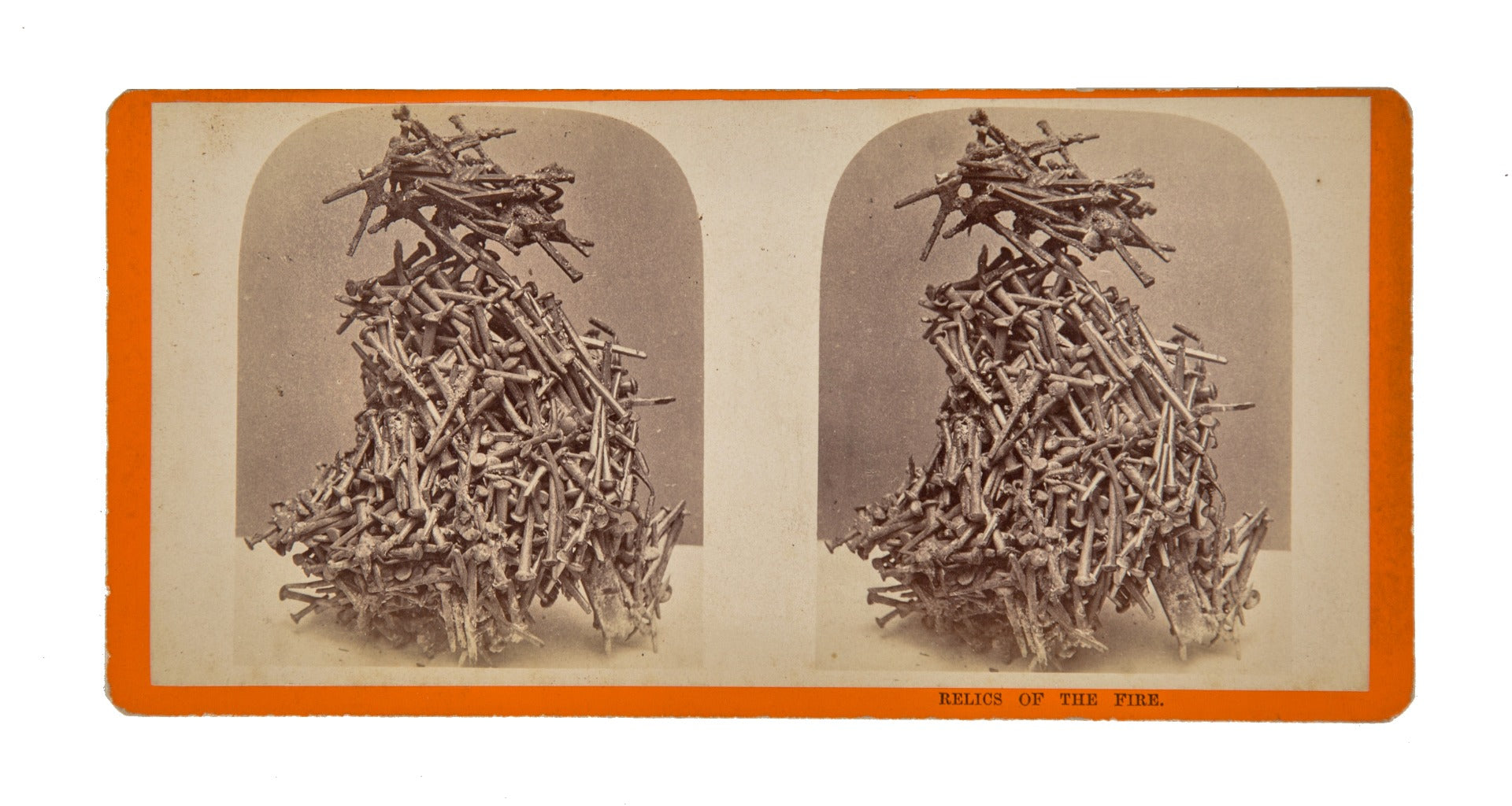 rare 1870's great chicago fire "relics of the fire" stereoview featuring melted cluster of nails