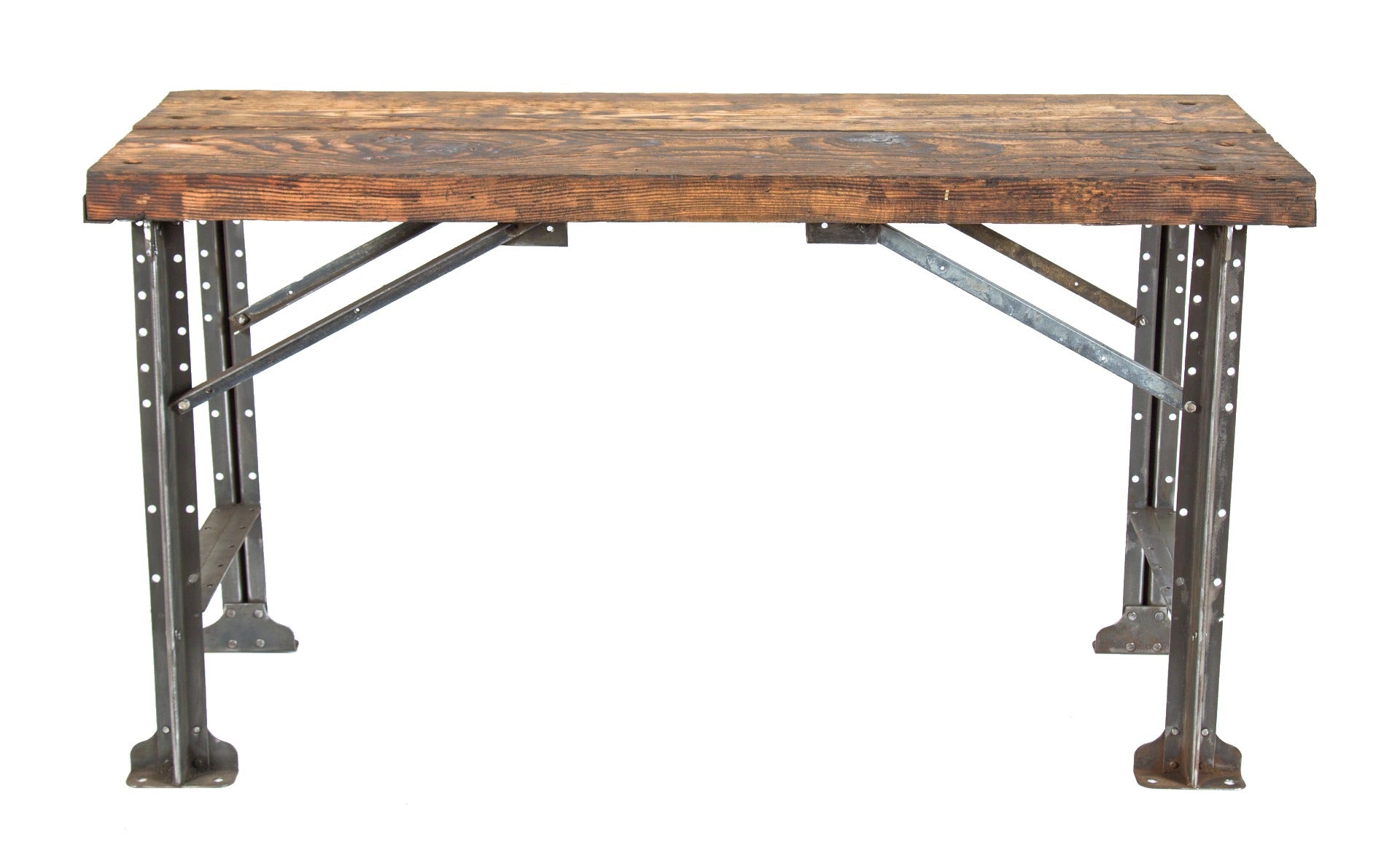 early 20th century american industrial salvaged chicago reinforced factory workbench with brushed metal legs