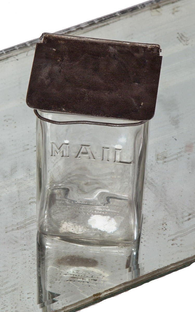 hard to find early 20th century pressed glass "holton's visible mailbox" with original brushed metal hinged cover