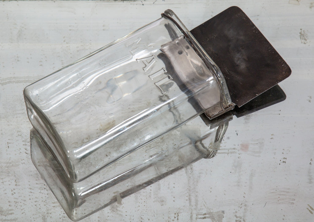 hard to find early 20th century pressed glass "holton's visible mailbox" with original brushed metal hinged cover