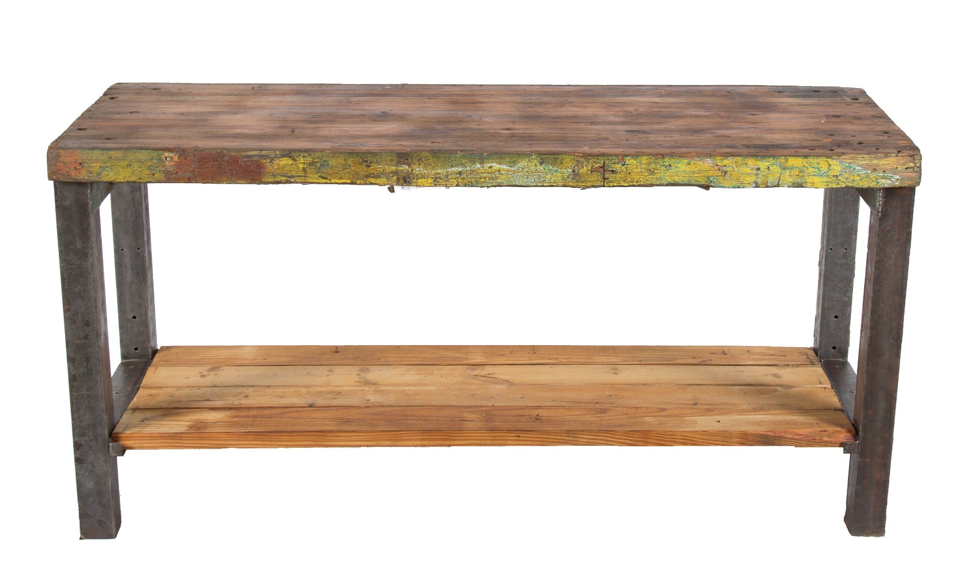 heavy duty depression-era salvaged chicago factory shop bench with nicely worn and weathered wood slab top