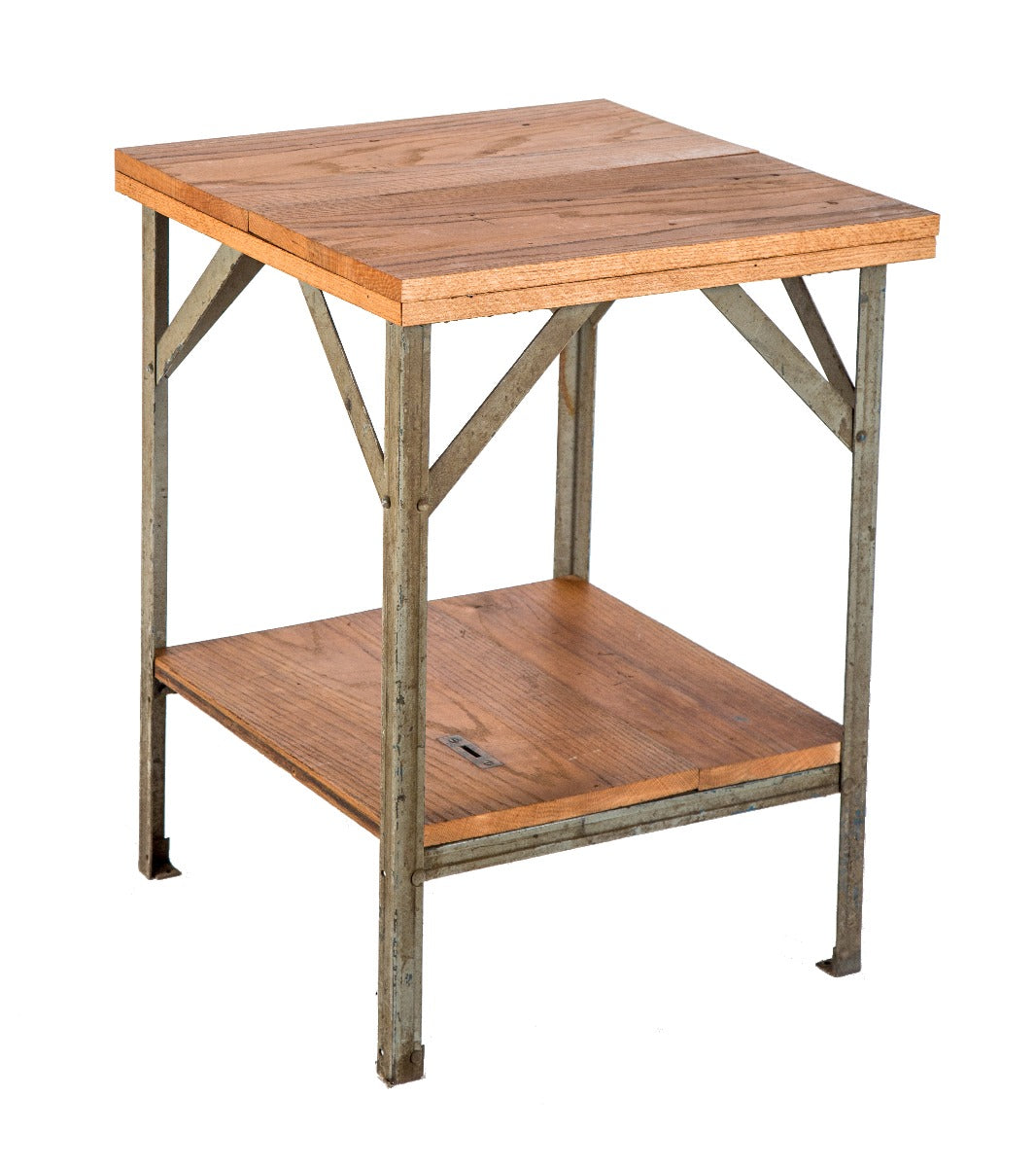 salvaged chicago custom-built four-legged angled steel work table or stand with oak wood top and undershelf